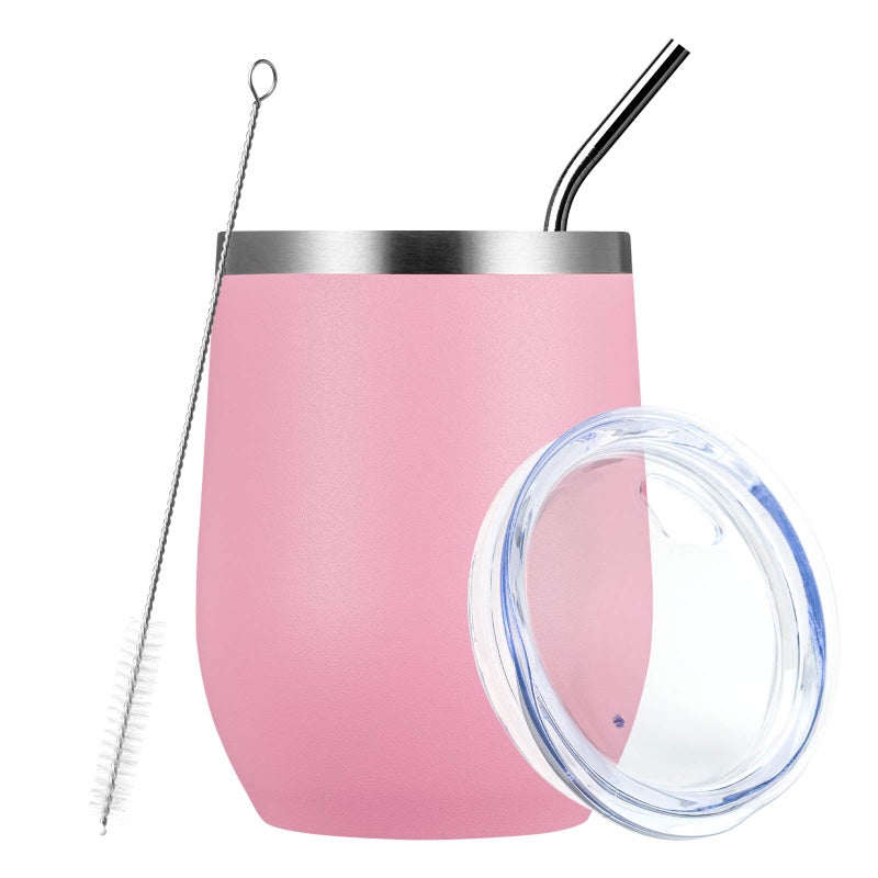 MEWAY Stemless 12oz Wine Tumbler Glasses with Lid -Insulated Double Wall Vacuum Stainless Steel Travel Tumbler with Straw,for Woman Under 10 dollars (Pink,1) - Image 1